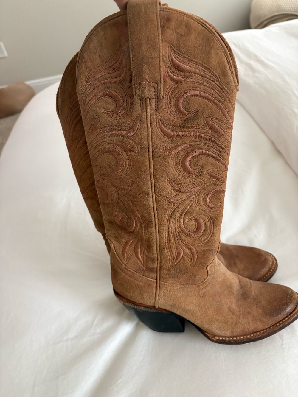 Lucchese Tan Suede Embroidered Heeled Cowboy Boots